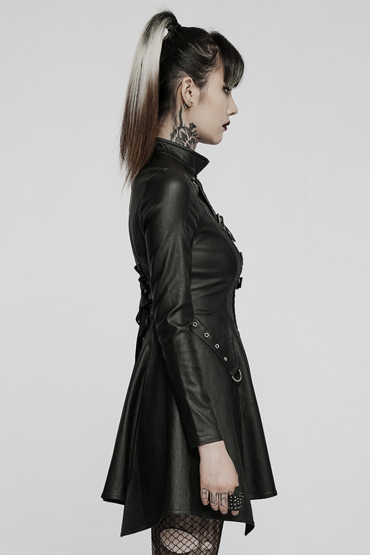Black Long Sleeves Stitching Slim Mesh Asymmetric Hem Women's Steampunk Dress