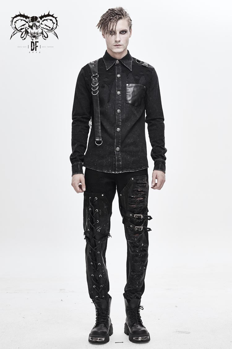 Black Asymmetric Left Shoulder Loop Mesh Rivet Snap Button Men's Punk Shirt