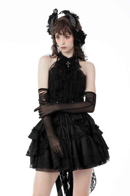 Black Off Shoulder Halterneck Lace Crinkle Women's Gothic Tank Top
