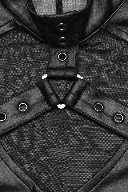 Black Leather Stitching Mesh Sheer Womens Steampunk Vest