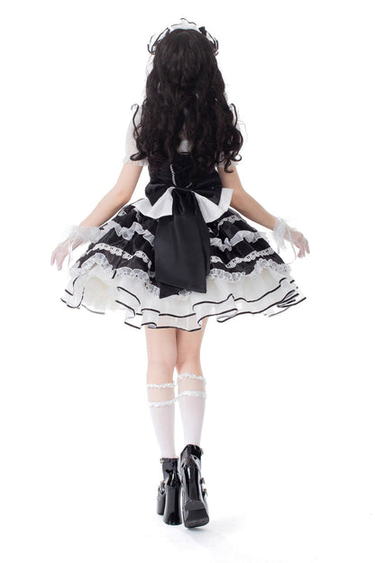 Black Multi-layer Ruffle Bowknot Lace-Up Ballet Style Sweet Princess Lolita Tiered Dress