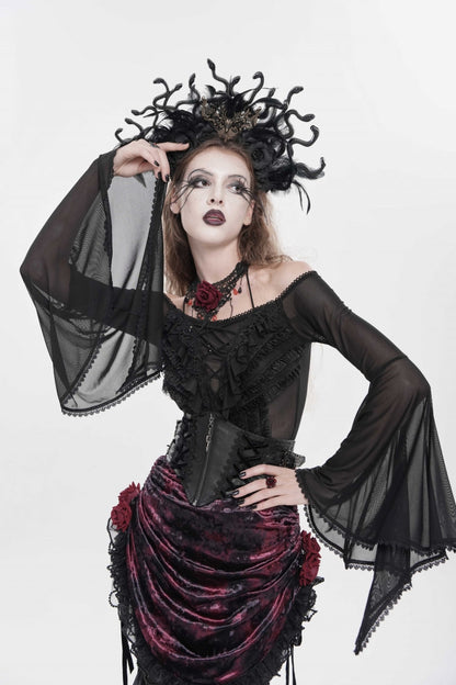 Black Off Shoulder Long Trumpet Sleeves Ruffled Embroidered Lace-Up Women's Gothic Blouse
