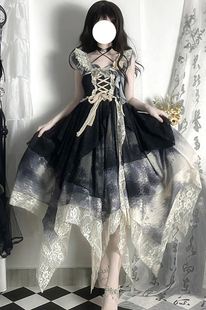 Black Letters And Poems Lace Sleeveless Printed Irregular Gothic Lolita Dress