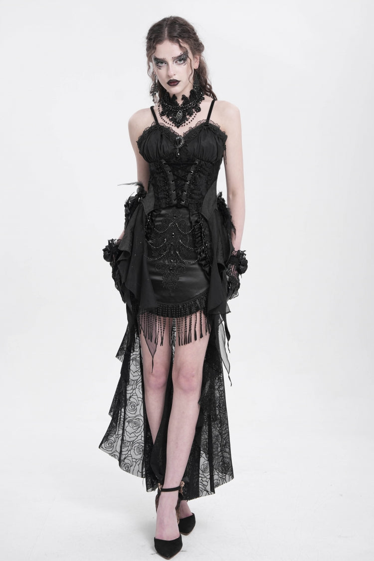 Black Embroidery Stitching Lace Mesh Women's Gothic Skirt With Train