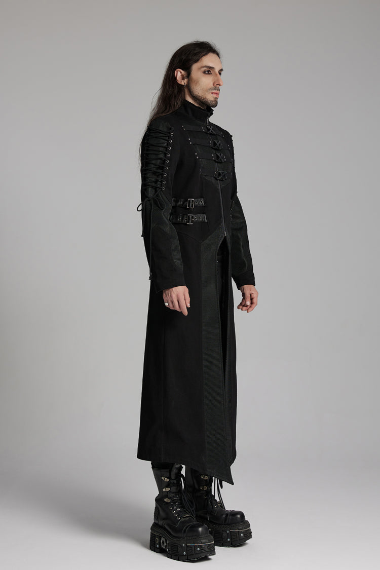 Black Buckle-up Rivets Long Sleeves Lace-Up Men's Punk Long Jacket