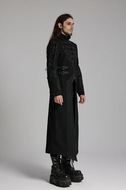 Black Buckle-up Rivets Long Sleeves Lace-Up Men's Punk Long Jacket