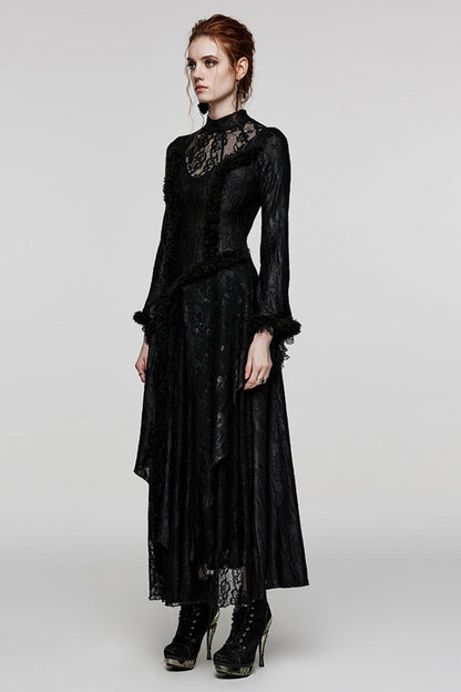 Black Long Trumpet Sleeves Hollow Stitching Lace Mesh Women's Gothic Dress