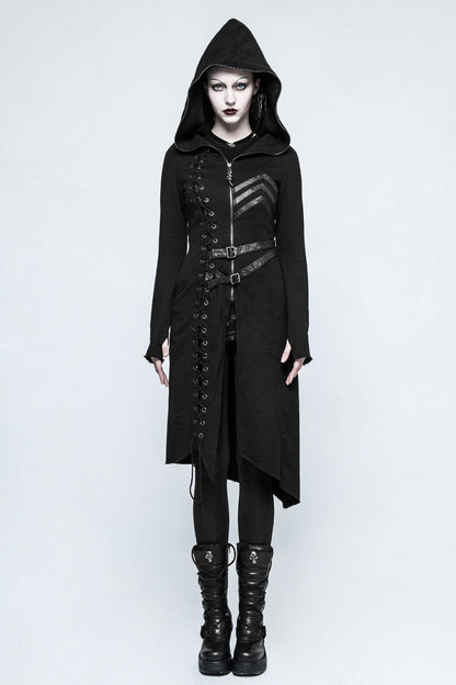 Black Long Sleeves Hooded Asymmetric Women's Gothic Military Coat With Belt
