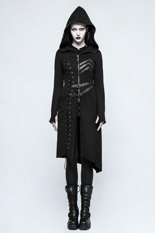 Black Long Sleeves Hooded Asymmetric Women's Gothic Military Coat With Belt