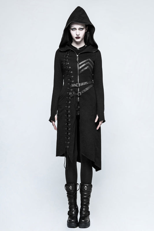 Black Long Sleeves Hooded Asymmetric Women's Gothic Military Coat With Belt