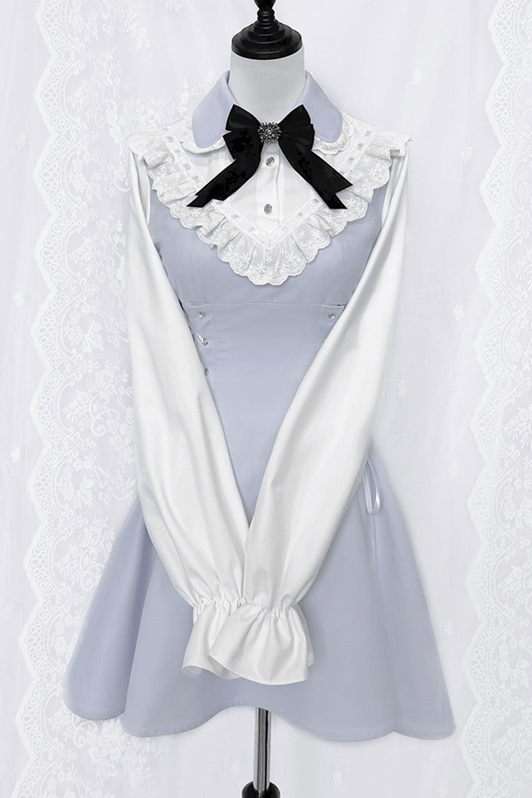 Aqua Long Sleeves Bowknot Lace-Up Sweet Jirai Kei Dress