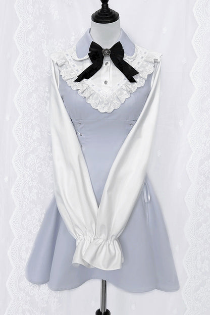 Aqua Long Sleeves Bowknot Lace-Up Sweet Jirai Kei Dress