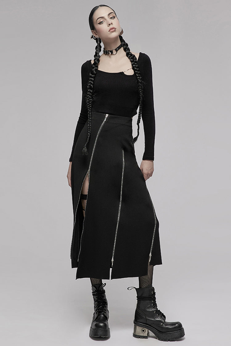 Black Asymmetric Hem Design Sexy Hollow Metal Cross-Chain Decoration Long Sleeve Women's Punk T-Shirt