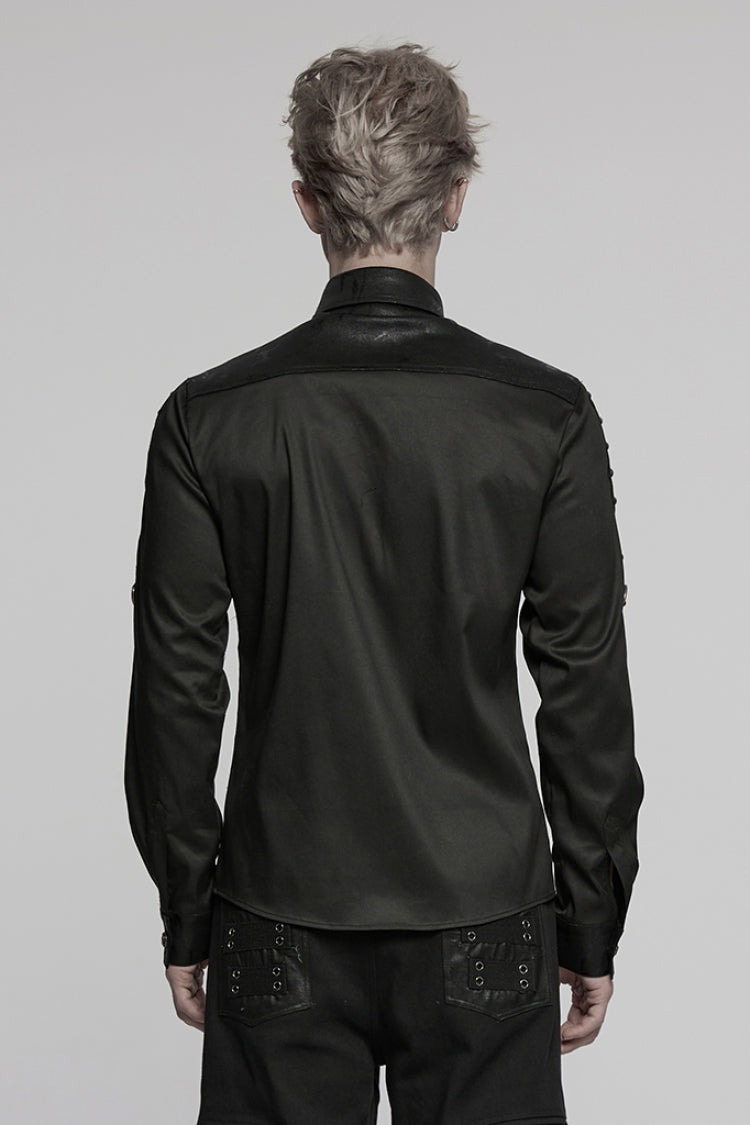 Black Lapel Collar Long Sleeves Stitching Mesh Men's Punk Blouse