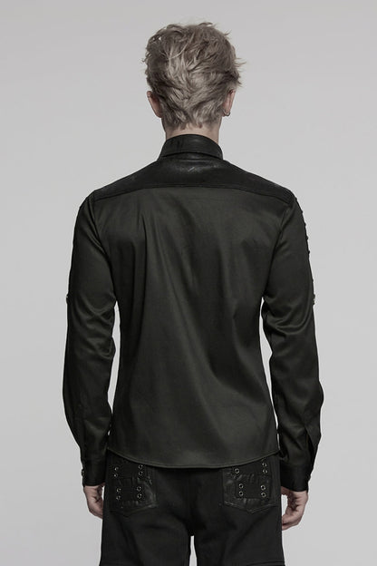 Black Lapel Collar Long Sleeves Stitching Mesh Men's Punk Blouse