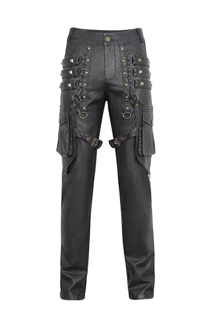 Black Big Pocket Bronze Studded Faux Leather Men's Gothic Pants