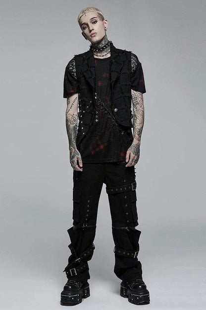 Black Gothic Asymmetrical Decadence Hairy Flu Back Cutout Design Leather Strip Metal Rivets Men's Vest