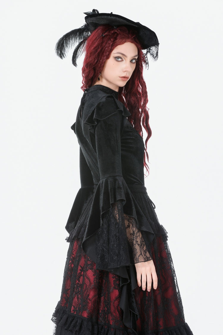 Black Multi-Layered Long Flare Sleeves Embroidered Sheer Mesh Splice Velvet Women's Gothic Top