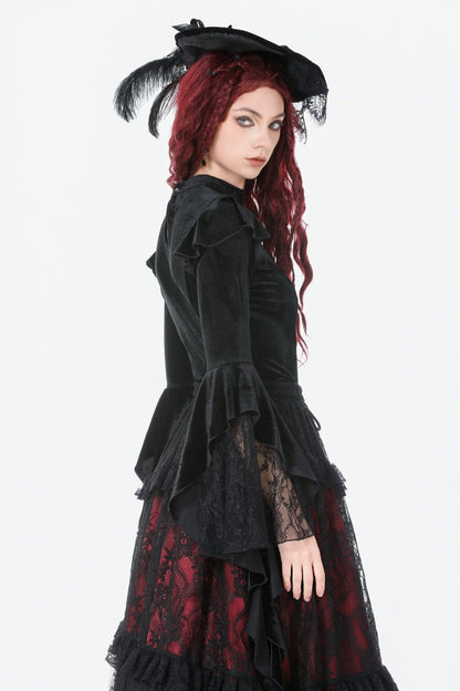 Black Multi-Layered Long Flare Sleeves Embroidered Sheer Mesh Splice Velvet Women's Gothic Top