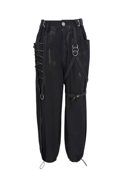 Black Irregular Print Single Side Frenulum Ring Legs Drawstring Closing Women's Punk Pants