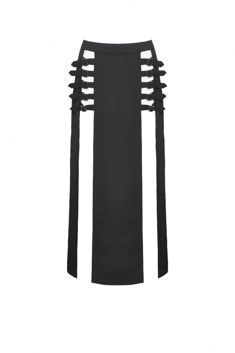 Black Buckled Zippered Women's Punk Side Slit Long Skirt