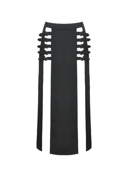 Black Buckled Zippered Women's Punk Side Slit Long Skirt