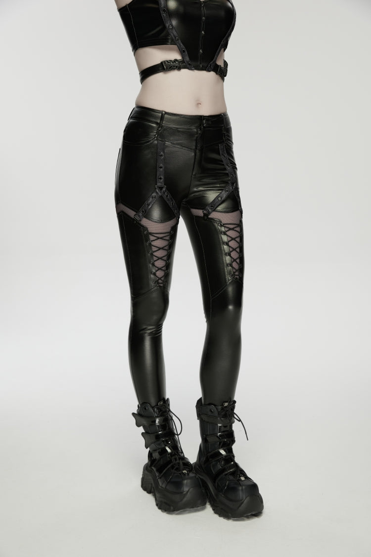 Black Cut-Out Spliced Eyelet Mesh Women's Punk Leggings
