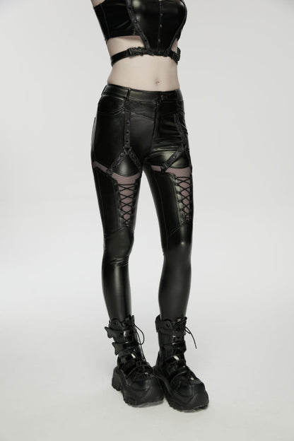 Black Cut-Out Spliced Eyelet Mesh Women's Punk Leggings