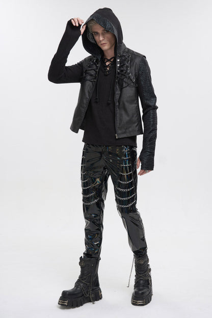 Black Front And Rear String Micro Stretch Cotton Stand Collar Men's Punk Vest