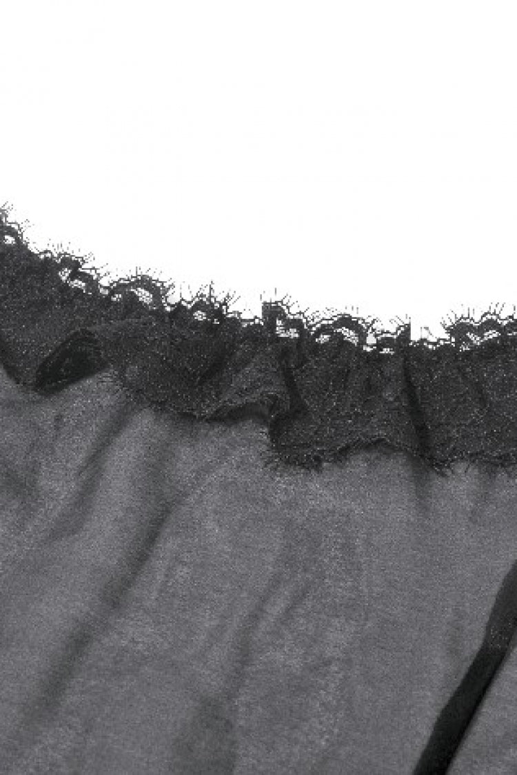 Black Deep V Collar Short Puff Sleeves Multi-Layered Ruffled Lace Sheer Women's Gothic Blouse
