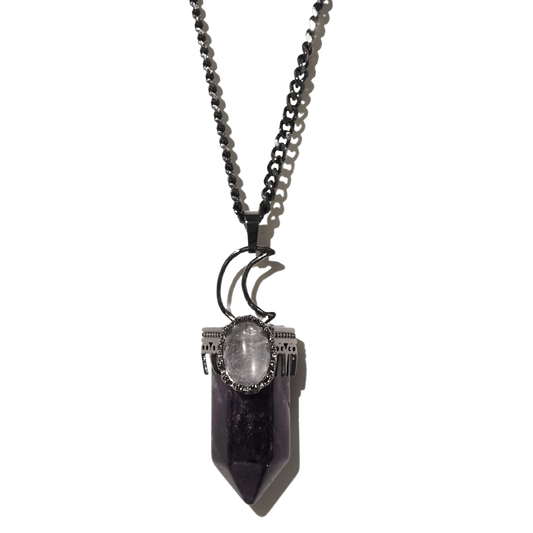 Amethyst + Clear Quartz Moon Necklace