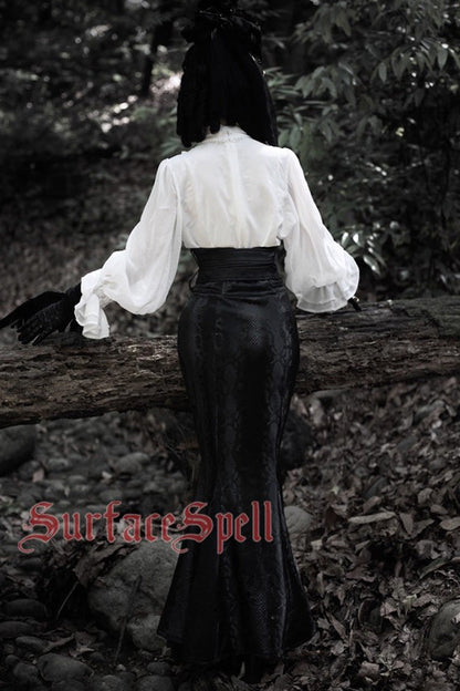 Black Faux Leather Snake Print Flared Fishbone Mermaid Gothic Lolita Skirt