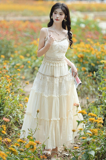 Apricot Bohemian Style Sleeveless Ruffled Embroidered Sweet Lolita Skirt Set
