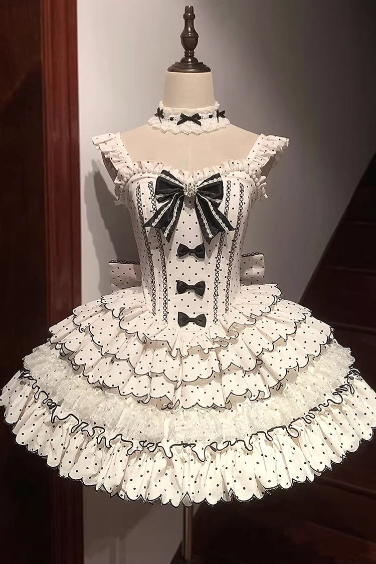 Beige Sleeveless Multi-Layered Polka Dots Printed Ruffled Bow Sweet Princess Lolita Jsk Dress
