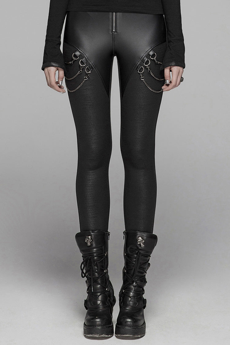 Black Crack Velvet Splice Knit PU Leather Metal Buckle Connect Chain Women's Punk Leggings