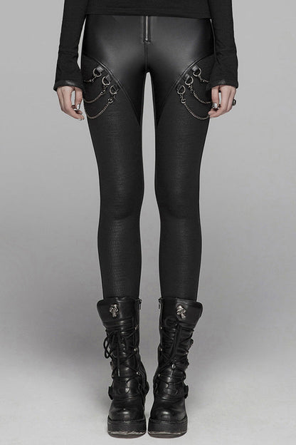 Black Crack Velvet Splice Knit PU Leather Metal Buckle Connect Chain Women's Punk Leggings