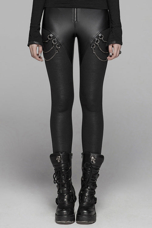 Black Crack Velvet Splice Knit PU Leather Metal Buckle Connect Chain Women's Punk Leggings