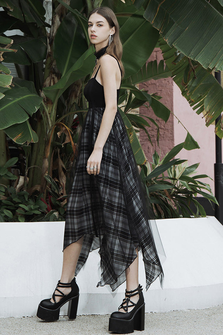 Black Metal Eyelets Shoulder Strap Irregular Hem Plaid Long Chiffon Women's Punk Slip Dress