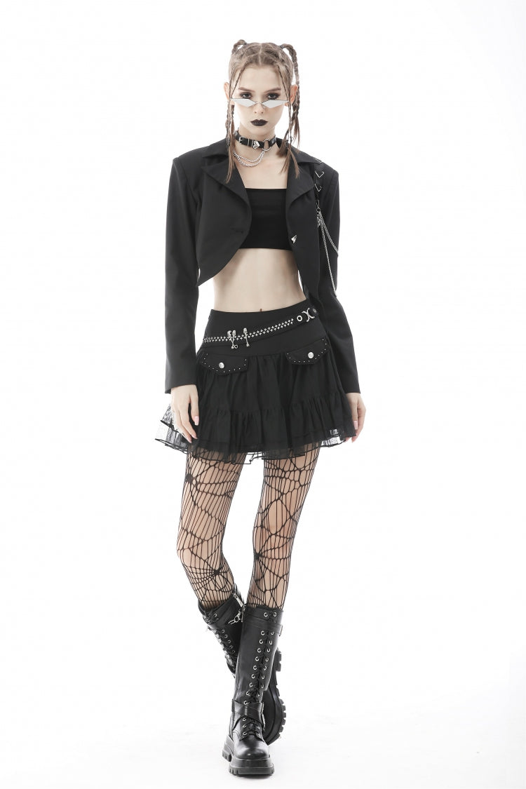 Black Lapel Collar Long Sleeves Chain-Decorated Women's Punk Irregular Short Jacket