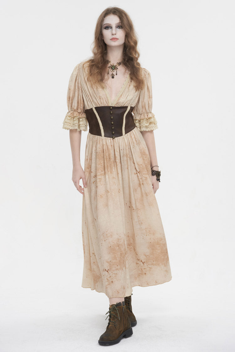 Apricot Plunging Puff Sleeved High Waisted Lace Hem Long Women's Punk Dress