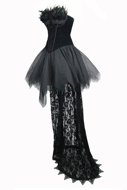 Black Gothic Wedding Strapless Feathered Sexy Velveteen Womens Dress With Rose Lace Tail