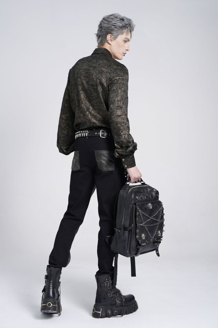 Black Lapel Collar Long Puff Sleeves Faux Leather Stitching Men's Gothic Blouse with Chain