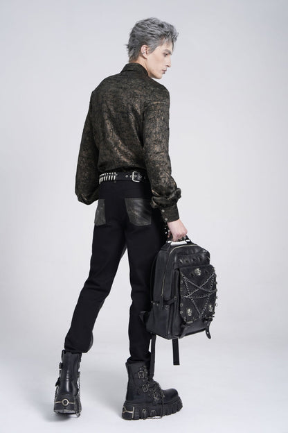 Black Lapel Collar Long Puff Sleeves Faux Leather Stitching Men's Gothic Blouse with Chain