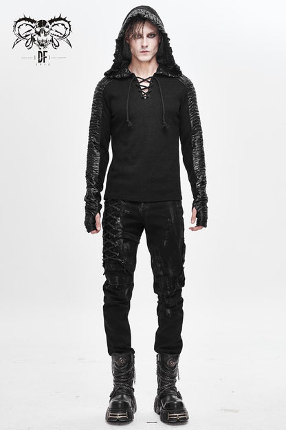 Black Chest Lace Up Vertical Stripes Woolen Splice Bright Crimped Fabric Hooded Men's Punk T-Shirt