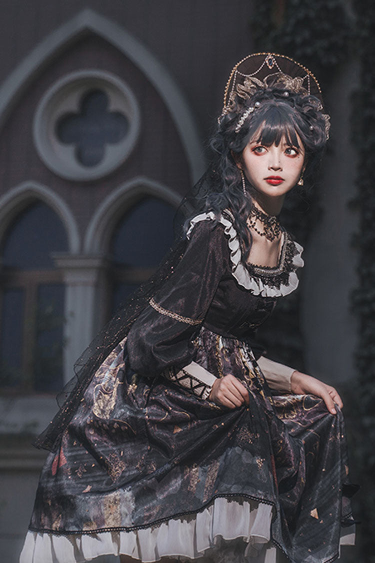 Black Long Sleeves Mist Print Classic Lolita OP Dress