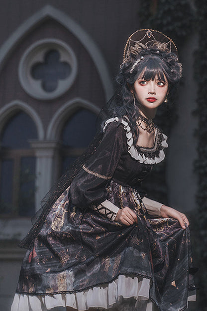 Black Long Sleeves Mist Print Classic Lolita OP Dress