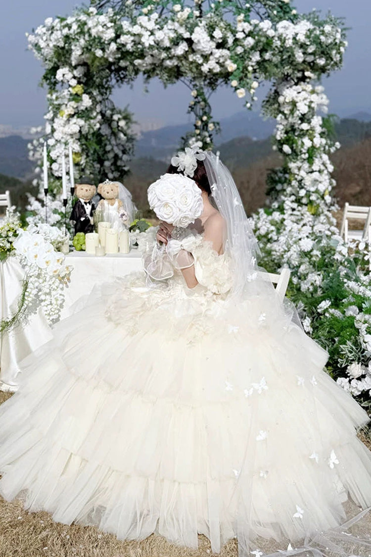 Apricot [Dream Confession] Sleeveless Triple-Layered Ruffled Hanayome Bow Lace Lace-Up Sweet Lolita Jsk Dress Long Version