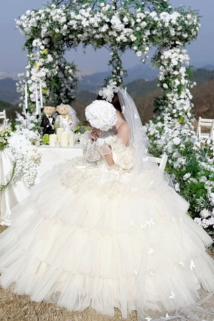 Apricot [Dream Confession] Sleeveless Triple-Layered Ruffled Hanayome Bow Lace Lace-Up Sweet Lolita Jsk Dress Long Version