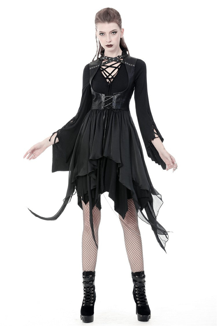Black Chiffon Sleeveless Cut-Out Chest Irregular Hem Lace-Up Buckled Women's Punk Jacket