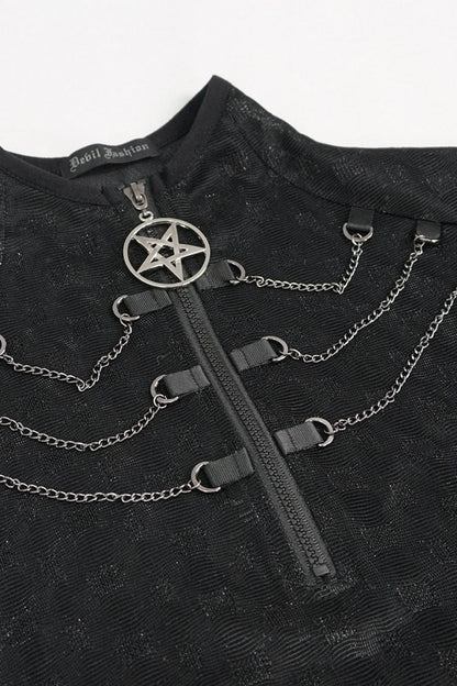 Black Mid-High Collar Front Neck Zipper Hanging Chain Mesh Fabric Long Sleeve Women's Punk T-Shirt